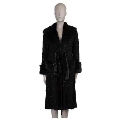 Pre-owned Dolce & Gabbana Black Silk 2004 Fur Trim Crystal Quilted Coat 44 L