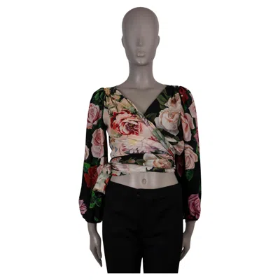 Pre-owned Dolce & Gabbana Black Silk 2019 Rose Print Wrap Blouse Shirt 44 L In Red