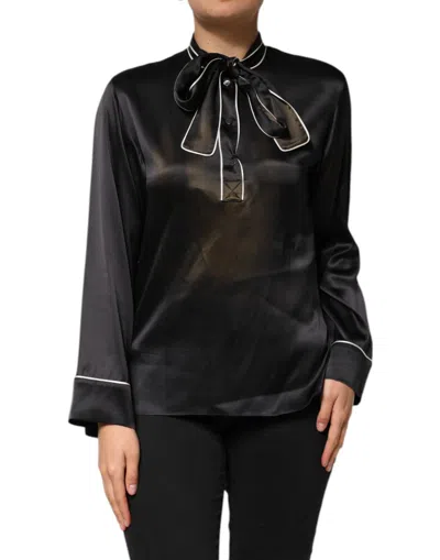 Pre-owned Dolce & Gabbana Black Silk Ascot Collared Button Blouse Women's Top ()