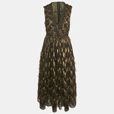 Pre-owned Dolce & Gabbana Black Silk Blend And Lurex Fringe Detail Long Dress M