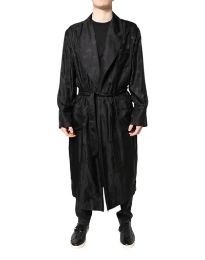 DOLCE & GABBANA DOLCE & GABBANA BLACK SILK DG LOGO MEN WRAP ROBE COAT MEN'S JACKET