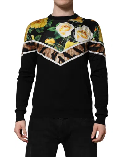 Pre-owned Dolce & Gabbana Black Silk Floral Crew Neck Pullover Men's Sweater ()