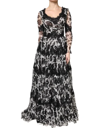 Pre-owned Dolce & Gabbana Black Silk Floral Lace Ricamo Ball Maxi Women's Dress () In Black/white