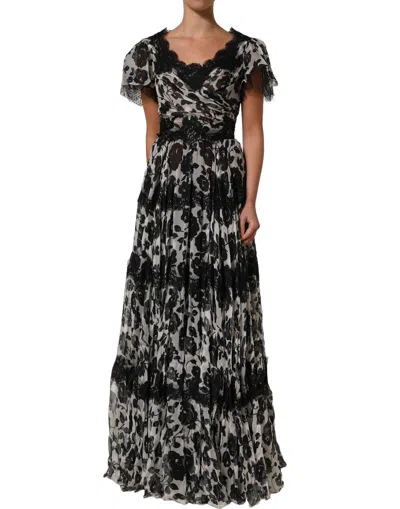 Pre-owned Dolce & Gabbana Black Silk Floral Lace Ricamo Ball Maxi Women's Dress ()