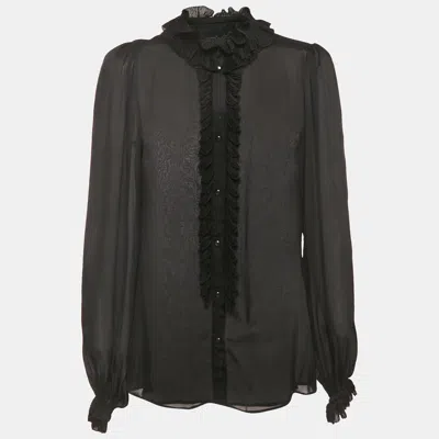 Pre-owned Dolce & Gabbana Black Silk Frill Detail Sheer Blouse M