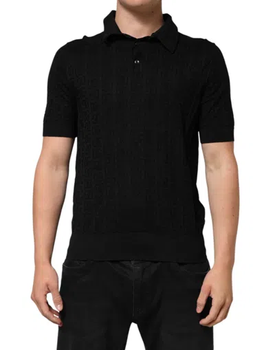 Pre-owned Dolce & Gabbana Black Silk Jacquard Dg Polo Shirt Men's T-shirt ()