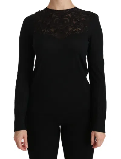 Dolce & Gabbana Black Silk Lace Crew Neck Long Sleeve Women's Blouse