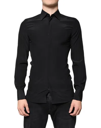 DOLCE & GABBANA DOLCE & GABBANA BLACK SILK LONG SLEEVES GOLD DRESS MEN'S SHIRT
