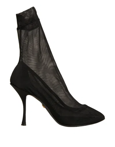 Pre-owned Dolce & Gabbana Black Silk Mesh Sock Style Heels Boots Women's Shoes ()
