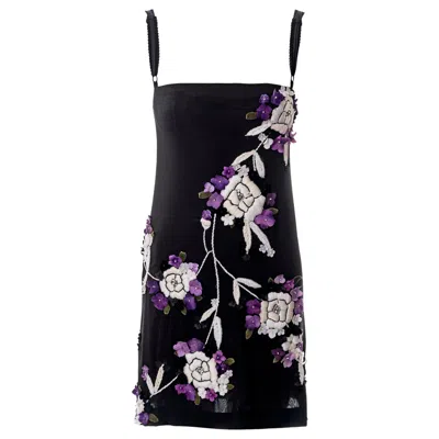 Pre-owned Dolce & Gabbana Black Silk Mini Dress With Floral Embroidery, Fw 1997