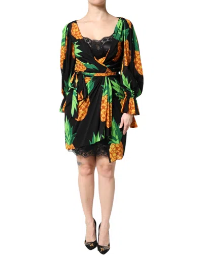 DOLCE & GABBANA DOLCE & GABBANA BLACK SILK PINEAPPLE DRAPED PRINT WRAP WOMEN'S DRESS