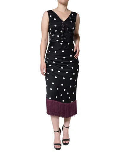 Pre-owned Dolce & Gabbana Black Silk Polka Dot V-neck Tassel Midi Women's Dress ()