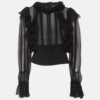 Pre-owned Dolce & Gabbana Black Silk Ruffled Sheer Blouse M