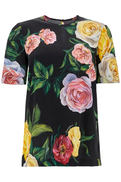 DOLCE & GABBANA BLACK SILK T-SHIRT WITH FLORAL PRINT
