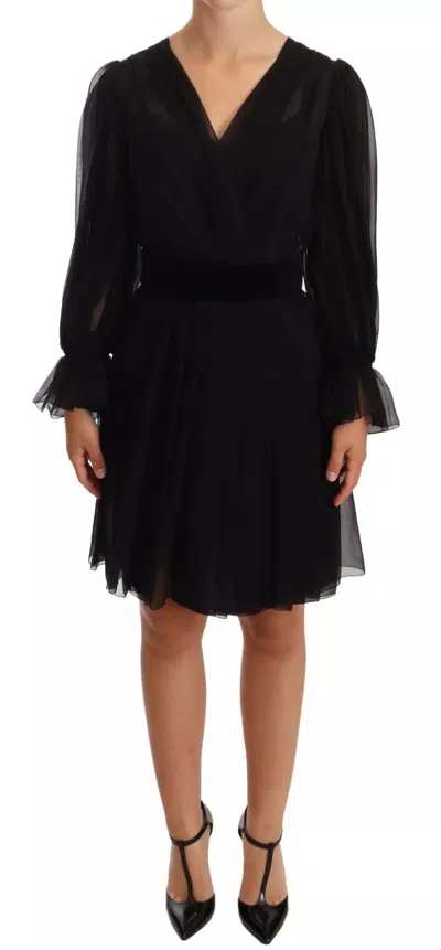 Pre-owned Dolce & Gabbana Black Silk Tulle Long Sleeve V-neck Women's Dress ()