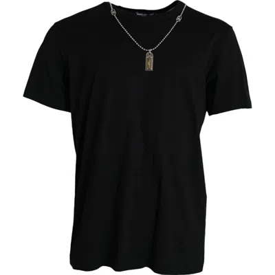 Dolce & Gabbana Elegant Black Cotton Crewneck Tee With Dog Tag Men's Detail