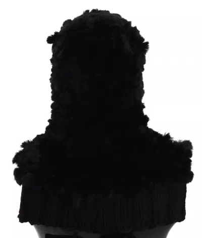 Dolce & Gabbana Black Silver Fox Fur Cashmere Hooded Women's Scarf
