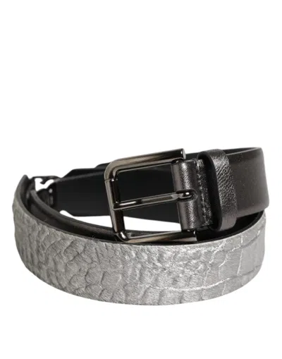 Dolce & Gabbana Black Silver Pebbled Texture Leather Buckle Men Men's Belt In Multi