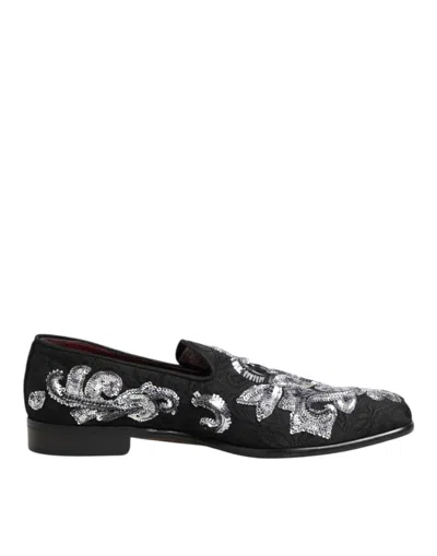 DOLCE & GABBANA BLACK SILVER SEQUINED LOAFERS MEN DRESS SHOES