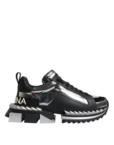 Pre-owned Dolce & Gabbana Black Silver Super King Leather Sneaker Men's Shoes () In Black | Silver