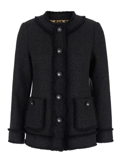 DOLCE & GABBANA BLACK SINGLE-BREASTED JACKET WITH BRANDED BUTTON IN TWEED WOMAN