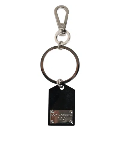 Dolce & Gabbana Black Sint Glass Plaque Dg Logo Metal Platekeychain Keyring In Multi