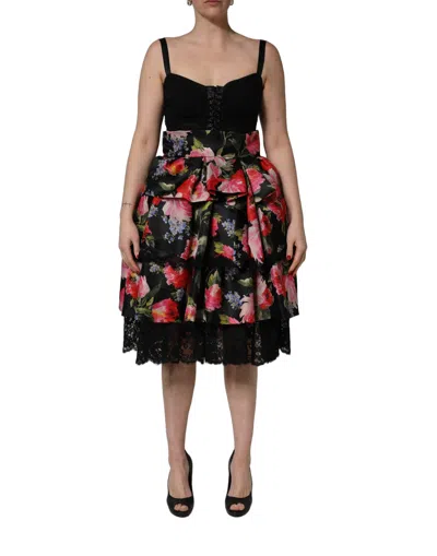Dolce & Gabbana Black Sleeveless Bustier Floral Print Tiered Dress In Multi
