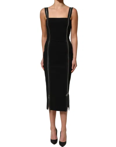 Dolce & Gabbana Black Sleeveless Front Zipper Midi Women's Dress