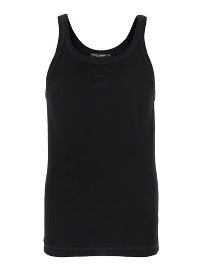 Dolce & Gabbana Black Sleeveless Top With Logo Embroidery On The Front And Ribbed Knit In Cotton Man