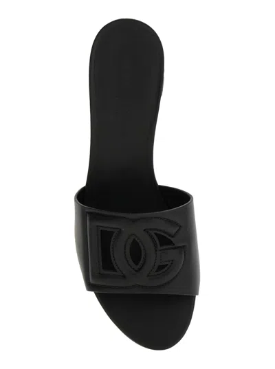 Dolce & Gabbana Black Slides With Low Heel And Logo Dg In Smooth Leather Woman