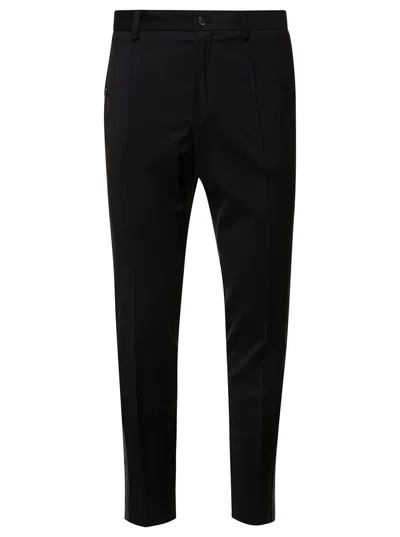 Dolce & Gabbana Black Slim Trousers With Contrasting Logo Band In Stretch Wool Man