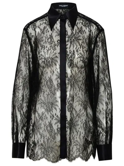 Dolce & Gabbana Black Slim Shirt With Satin Details In Chantilly Lace Woman