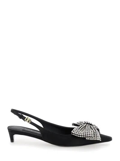 Dolce & Gabbana Black Slingback Pumps With Rhinestone Bow Detail In Silk Blend Woman