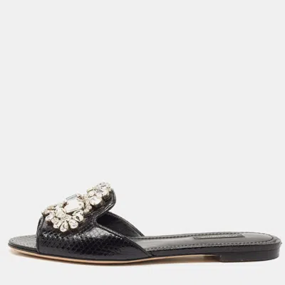 Pre-owned Dolce & Gabbana Black Snakeskin Bianca Crystals Slide Flats Size 37.5