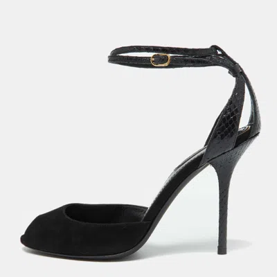 Pre-owned Dolce & Gabbana Black Snakeskin Embossed Leather And Suede Ankle Strap Sandals Size 40
