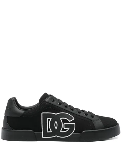 Dolce & Gabbana Portofino Light Strobel Sneakers In Canvas And Calfskin In Black