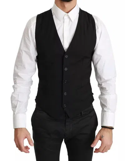 Pre-owned Dolce & Gabbana Black Solid Staff Slim Fit Waistcoat Men's Vest ()