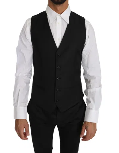 Dolce & Gabbana Black Solid Wool Silk Waistcoat Men's Vest