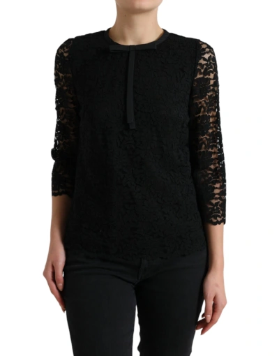 DOLCE & GABBANA BLACK STAFF BLOUSE FLORAL LACE NYLON TOP