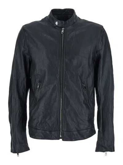 DOLCE & GABBANA BLACK STAND COLLAR LEATHER JACKET