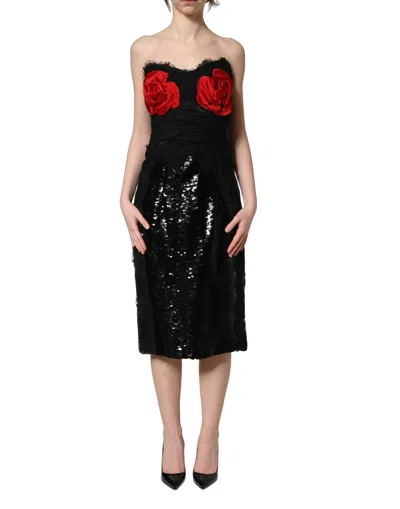 Dolce & Gabbana Black Strapless Red Rose Sequined Midi Women's Dress