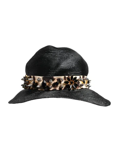 Pre-owned Dolce & Gabbana Black Straw Crystal Embellished Wide Brim Women's Hat ()