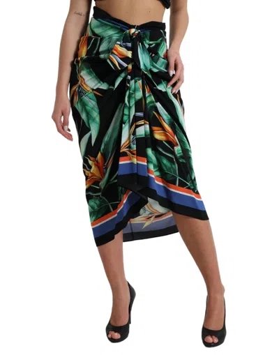 Dolce & Gabbana Black Strelitzia High Waist Wrap Midi Women's Skirt