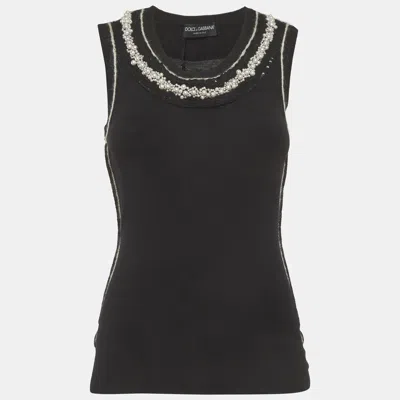 Pre-owned Dolce & Gabbana Black Stretch Knit Beaded Top S