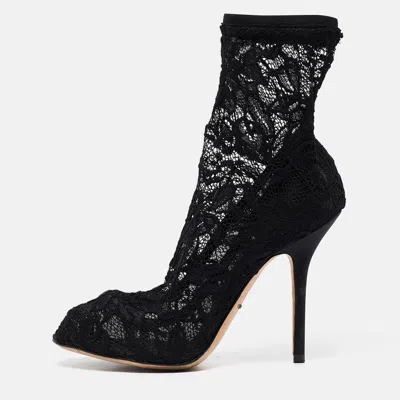 Pre-owned Dolce & Gabbana Black Stretch Lace And Mesh Ankle Length Boots Size 36