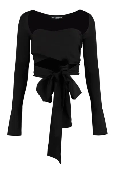 Dolce & Gabbana Black Stretch Long-sleeved Shrug With Adjustable Design For Women