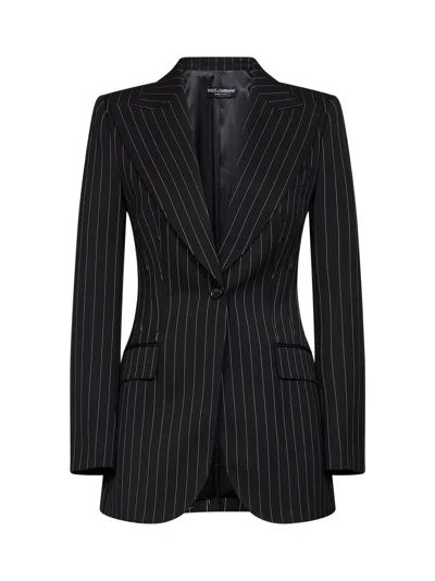 Dolce & Gabbana Black Stretch Pinstriped Wool Turlington Single-breasted Jacket In Multicolor