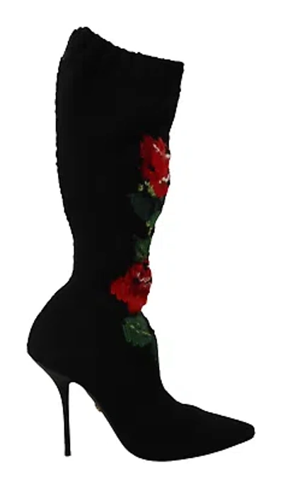 Pre-owned Dolce & Gabbana Elegant Sock Boots With Red Roses Detail
