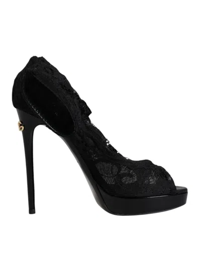 DOLCE & GABBANA BLACK STRETCH TAORMINA LACE BOOTS SHOES