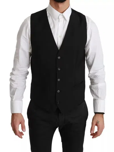 Pre-owned Dolce & Gabbana Black Stretch Waistcoat Formal Dress Wool Men's Vest ()